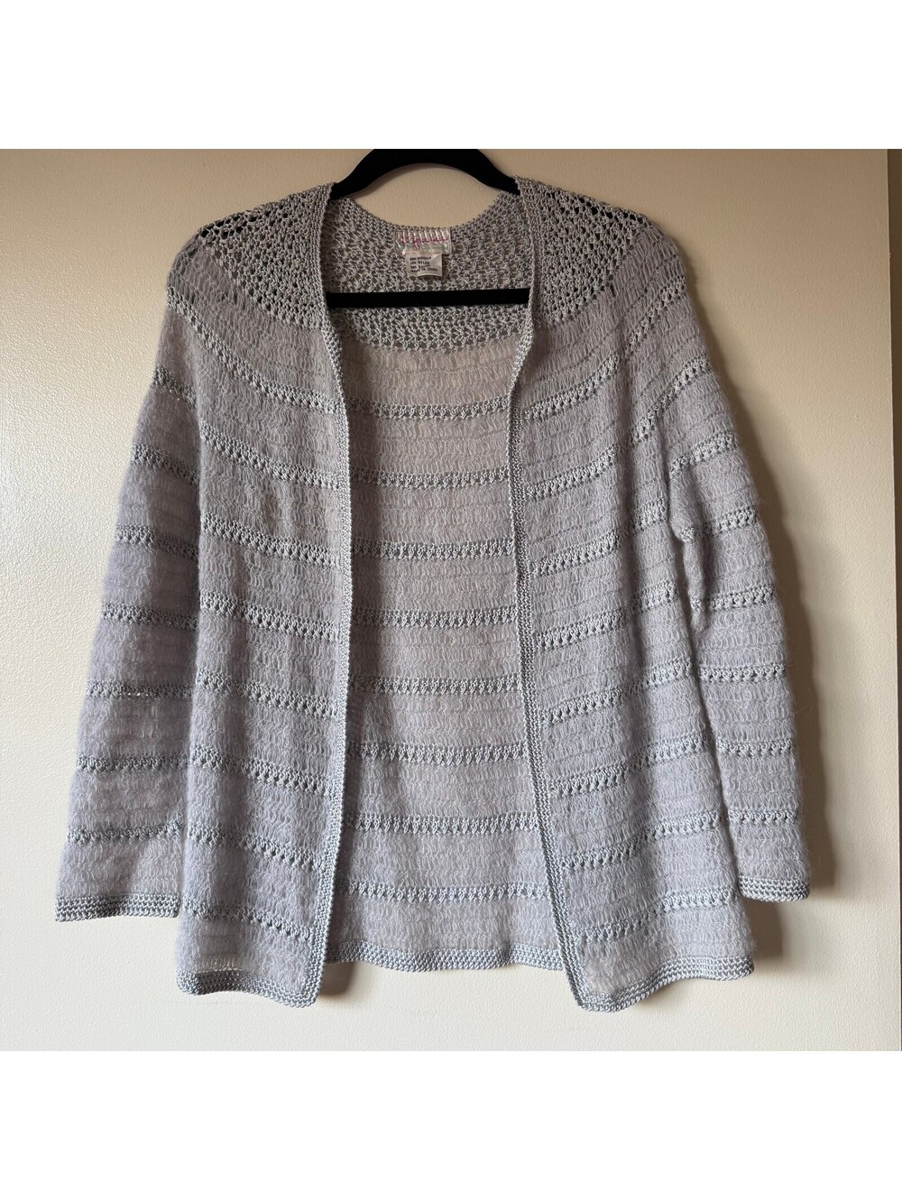 Vintage 90s Y2K Mohair Cardigan Gray Silver Fuzzy Open Knit Crochet Small
